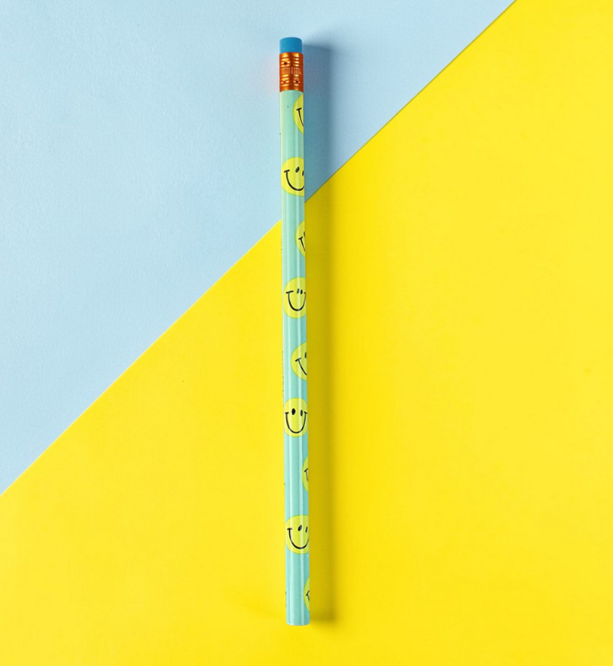Ava&Yves Bleistift Smile hellblau/gelb, mit Aluminium-Hülle orange, Radiergummi hellblau