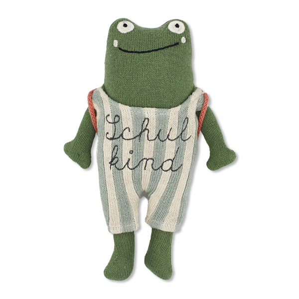 Ava&Yves  Kuscheltier Frosch “Schulkind” grün, mit Schulranzen und Anzug in blau/creme, 20cm