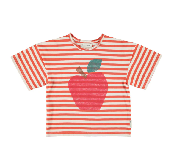 Piupiuchick T-shirt, T'shirt Red & Ecru Stripes with Apple Print